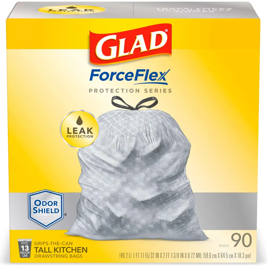 Glad ForceFlex Protection Series Tall Kitchen Trash Bags, 13 Gal, Unscented OdorShield, 90 Ct (Package May Vary)
