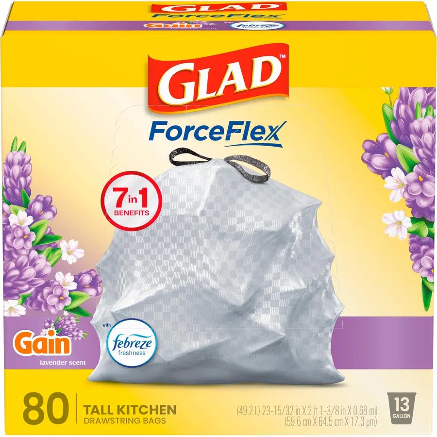 Glad ForceFlex Tall Kitchen Drawstring Trash Bags, 13 Gal, Gain Lavender, 80 Ct (Package May Vary)