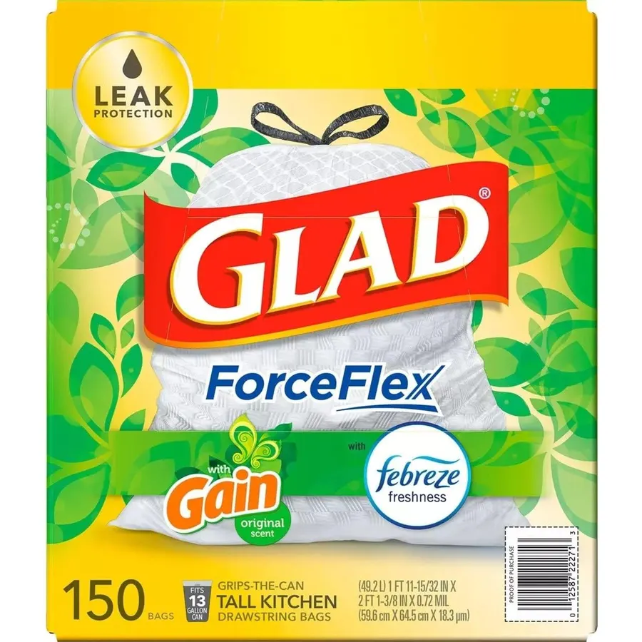 GLAD ForceFlex Tall Kitchen Drawstring White Trash Bags, Gain Original Scent with Febreze Freshness (13 gal, 150 ct.)
