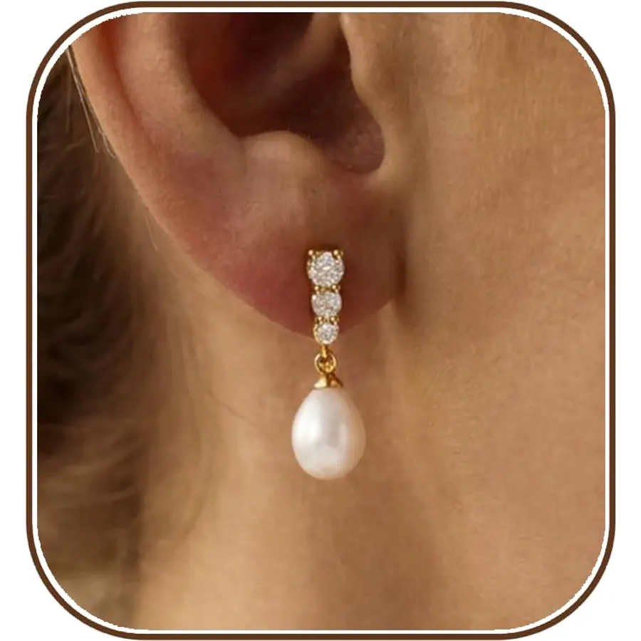 Gold Silver Dangle Earrings for Women, Pearl Cubic Zirconia Drop Earrings