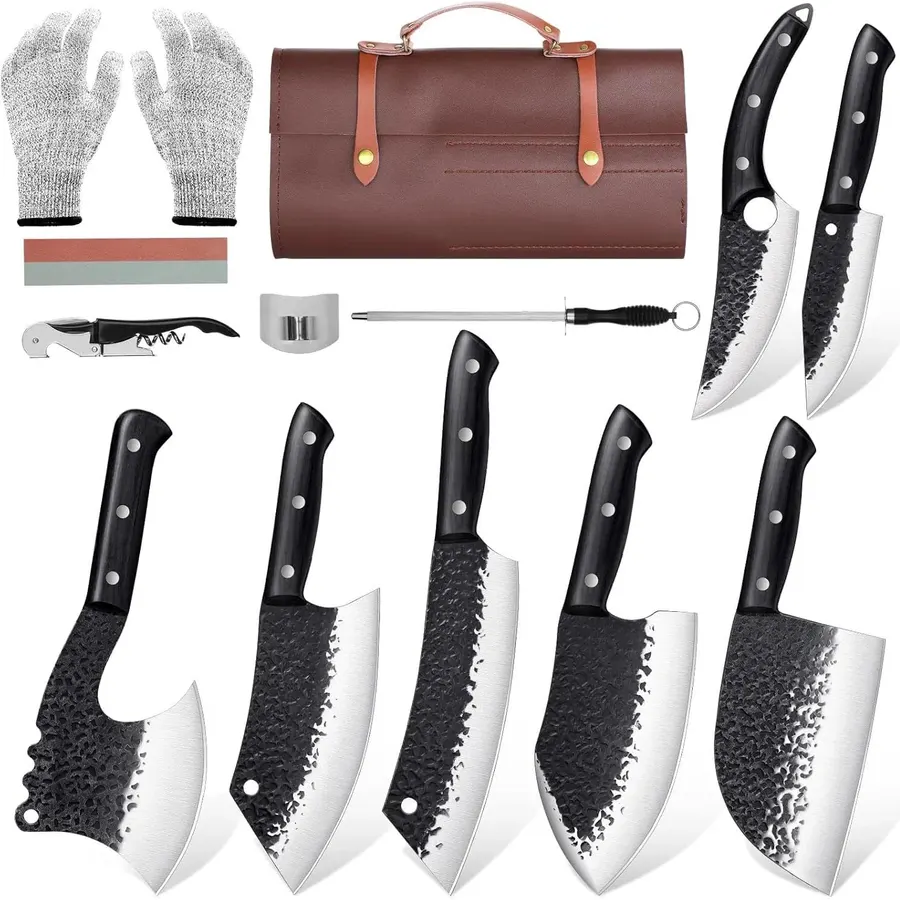 Golden Bird 13PCS Butcher Knife Set for Meat Cutting with Roll Bag