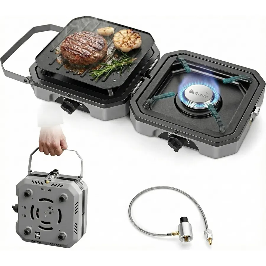 304 Stainless 2 Burner Propane Camping Stove with Griddle,Portable Floding Propane Camp Stoves with 24000BTU,Compatible with Grill Pan,Kettles & Cookware