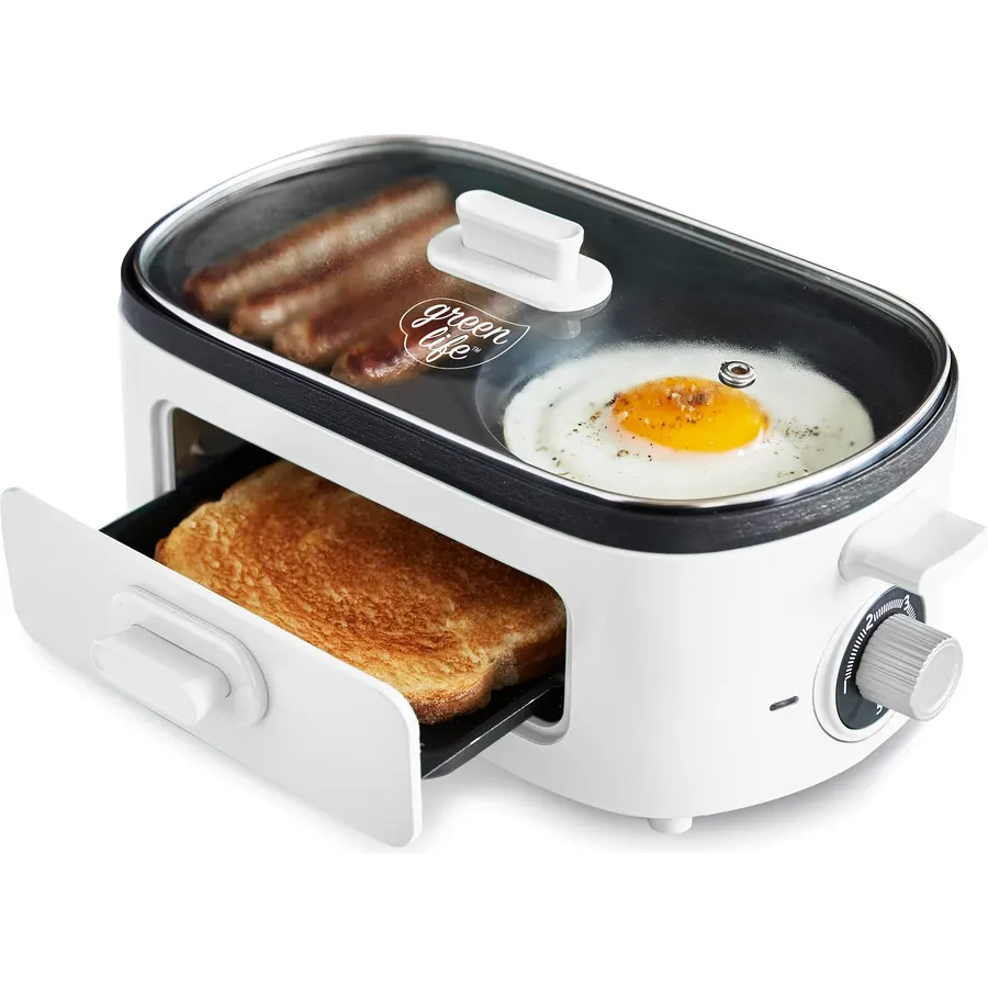 GreenLife 3-in-1 Breakfast Maker Station, Healthy Ceramic Nonstick Dual Griddles for Eggs Meat Sausage Bacon Pancakes and Breakfast Sandwiches, 2 Slice Toast Drawer, Easy-to-use Timer, White