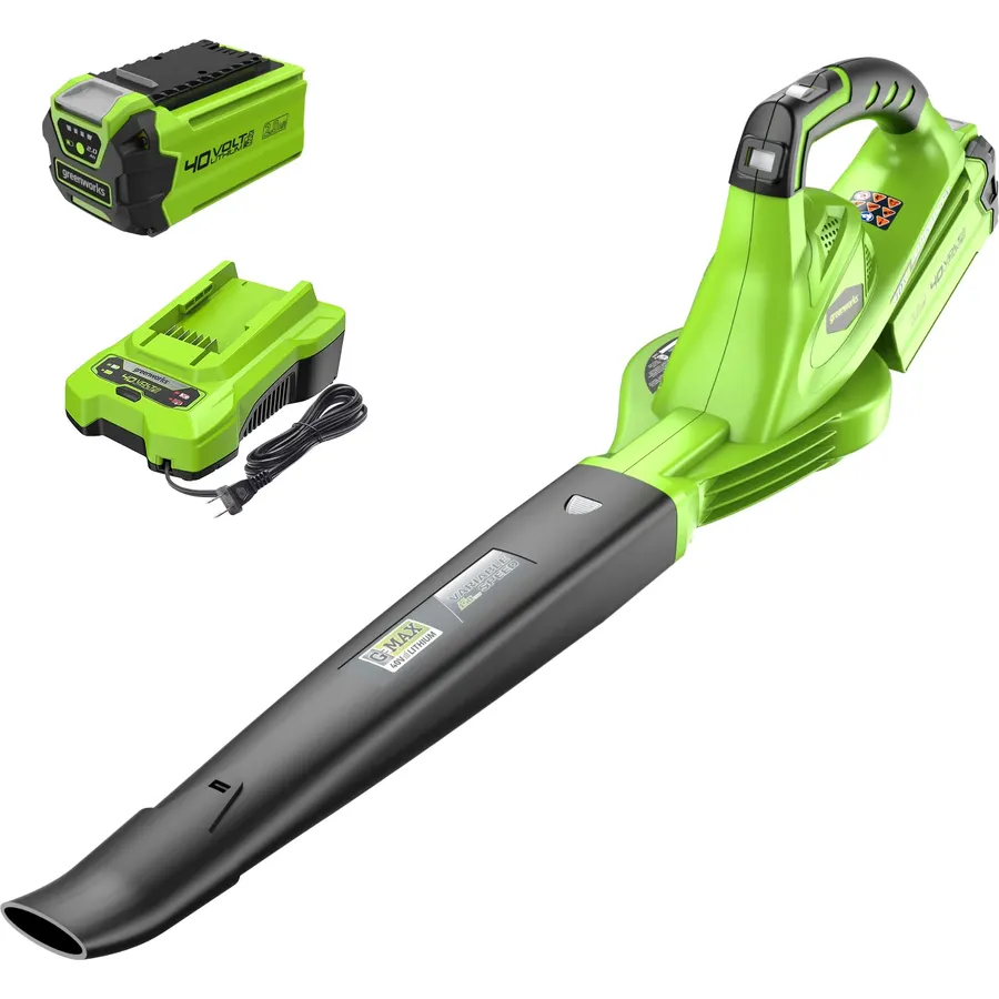 Greenworks 40V Cordless Leaf Blower, 135 CFM, 2.0 Ah Battery and Charger