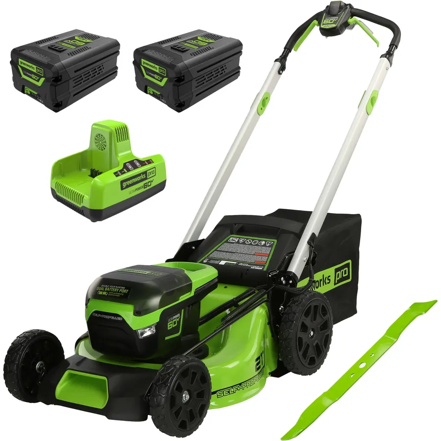 Greenworks 60V 21in Brushless Self-Propelled Cordless Lawn Mower, 2 x 4.0Ah Batteries (3/4 Acre, Rapid Charger, 4-in-1, LED Lights, IPX4), Extra Mower Blade