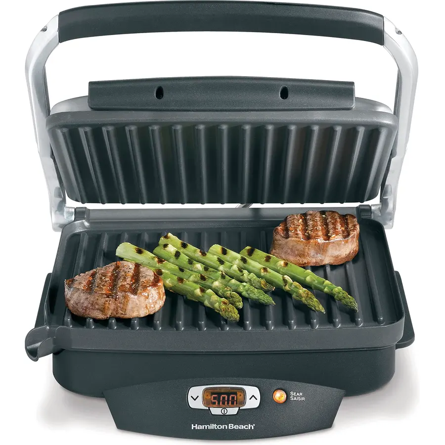 Hamilton Beach Steak Lover's Electric Indoor Searing Grill, Nonstick 100 Square, Stainless Steel (25331), Black and Stainless, Medium