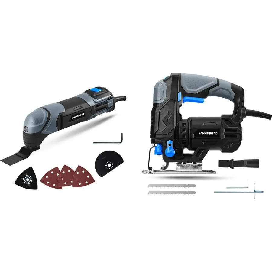 Hammerhead 2.2-Amp Oscillating Multi-Tool with 1pc Flush Cut Blade, 1pc Semicircle Saw Blade & 4.8-Amp 3/4 Inch Jig Saw with 2pcs Wood Cutting Blades, Variable Speed and Orbital Function - HAJS048