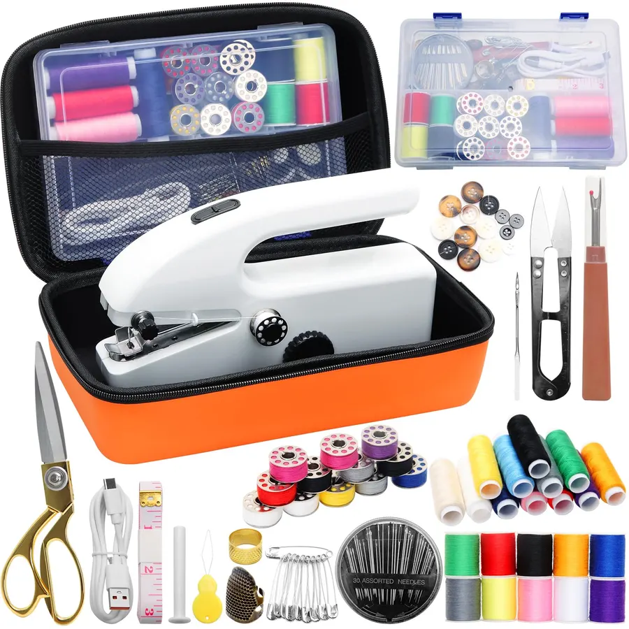 Mini Sewing Machine, Handheld Portable Electric Stitcher with 2 Speeds and Sewing Kit for Beginners and Adults, Battery or USB Powered Repair Tool for Clothes, Fabric, DIY and Travel(White)
