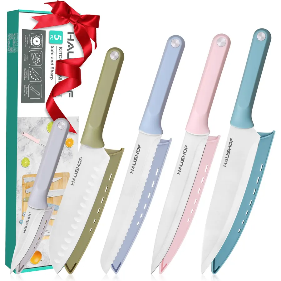 HAUSHOF Kitchen Knife Set, 5 PCS Colorful Kitchen Knives with Sheaths