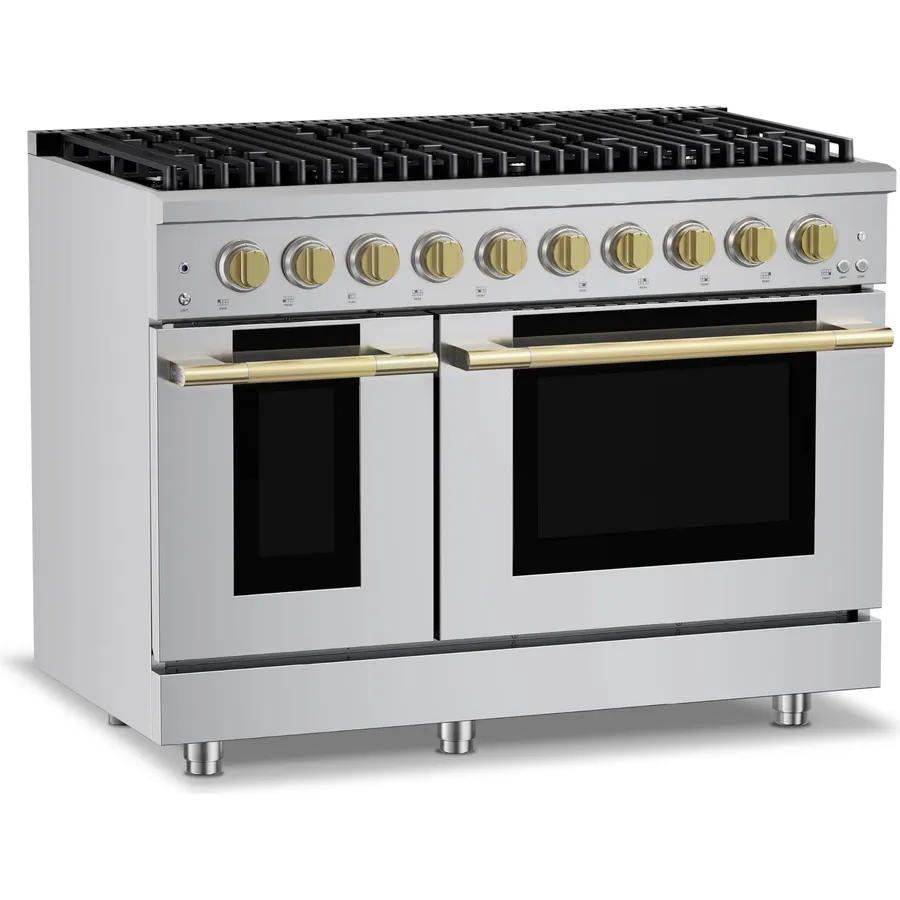 Hauslane 48" Dual Fuel Range in Stainless Steel, 8 Burners up to 20,000 BTU 6.7 cu. ft., Double Convection Oven with 5 Rack Positions, 5-Year Warranty, Convertible NG/LP Cool-Touch Triple-Layer Door