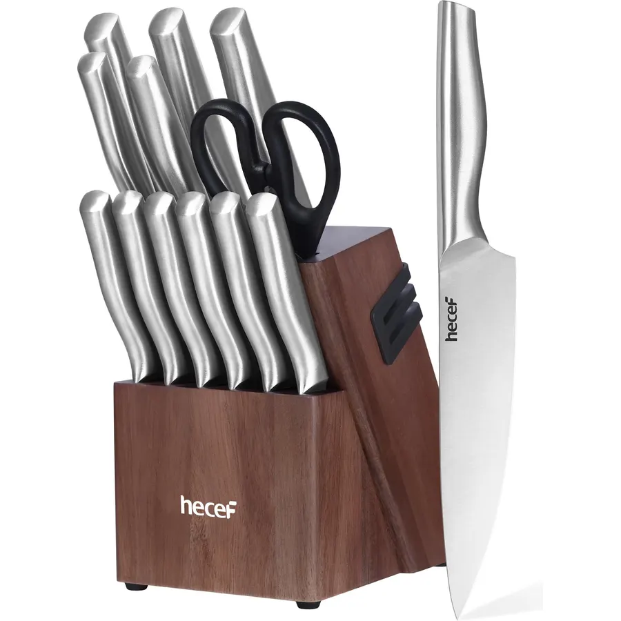 hecef 13 Pcs Silver Kitchen Knife Block Set with Acacia Wood Block