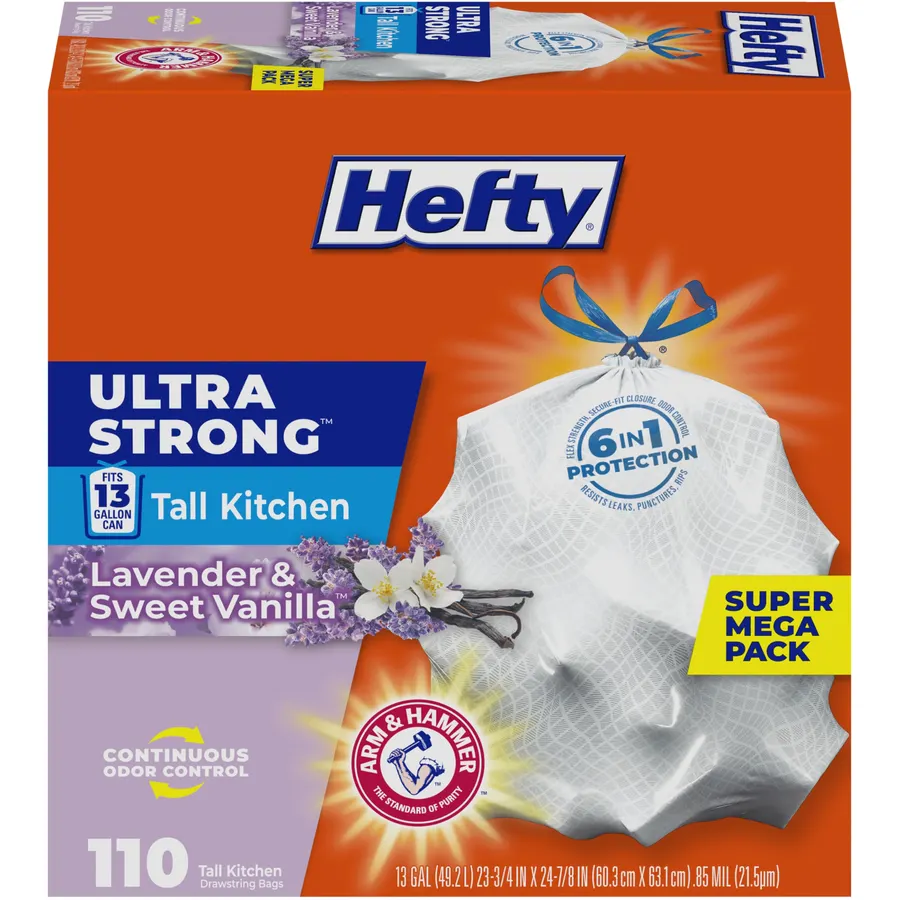 Hefty Ultra Strong 13 Gallon Trash Bags, Tall Kitchen Trash Bags, Blackout, Clean Burst Scent, 24 CT (Pack of 6)