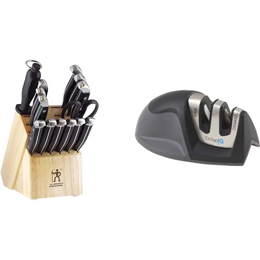 HENCKELS Premium Quality 15-Piece Knife Set with Block + KitchenIQ 50009 Edge Grip 2-Stage Knife Sharpener