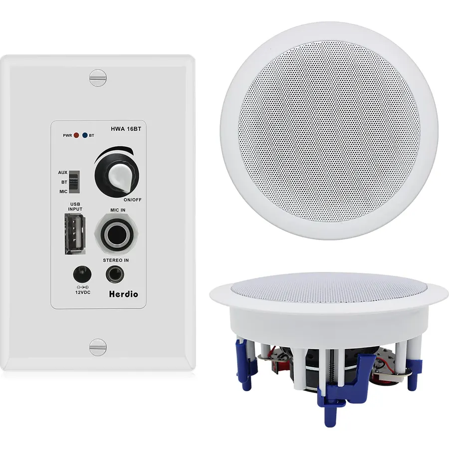 Herdio 5.25'' Home Audio Package Wall Mount Bluetooth Amplifier Receiver System with 300W in Ceiling Wall Passive Speakers Great for Home Theater Office Bathroom Kitchen Living Room (A Pair)