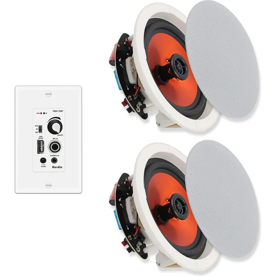 Herdio 6.5 Inch Ceiling Speakers Bluetooth (Pairs) 300 Watt Flush Mount in Wall Amplifier Receiver Suitable for Indoor Home & Covered Outdoor Porch