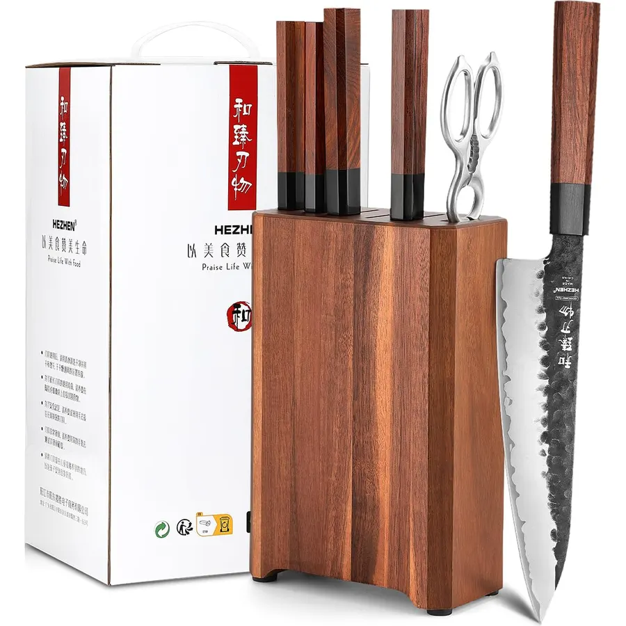HEZHEN Knife Block Set, 7 Piece Chef Knife Set with Block&Siccor, 3 Layers Clad Steel Kitchen Knife, Kitchen Scissors Acacia Wood Knife Block, Room-saving, Gift Ready Set