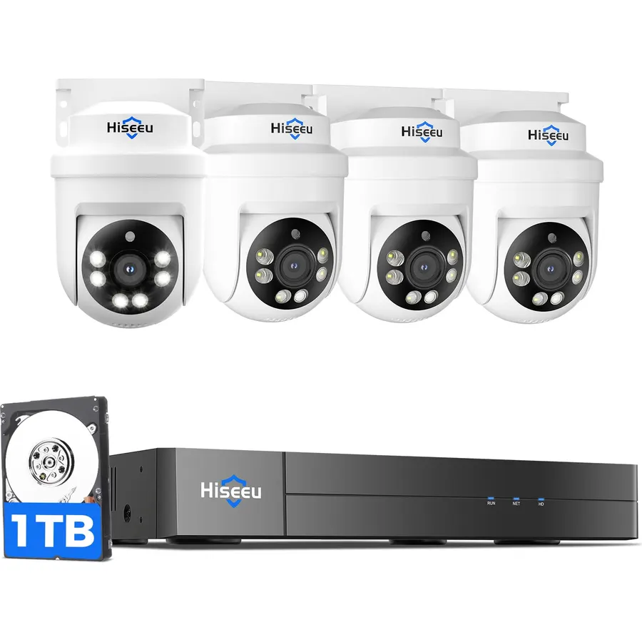 Hiseeu 3K 360°View PTZ Wired Security Camera System with 4PCS Cameras