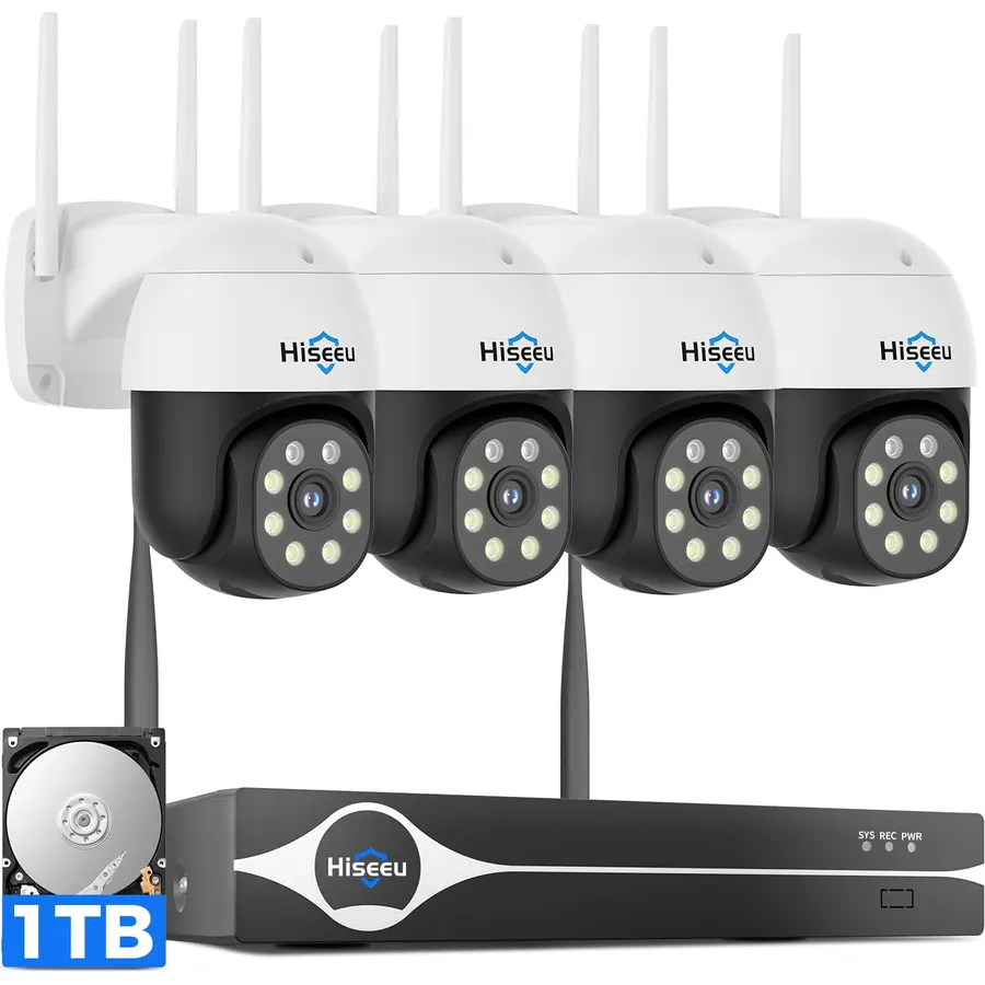 Hiseeu 4K Security Cameras Wireless Outdoor, 8MP 4-Cam Kit, 1T HDD