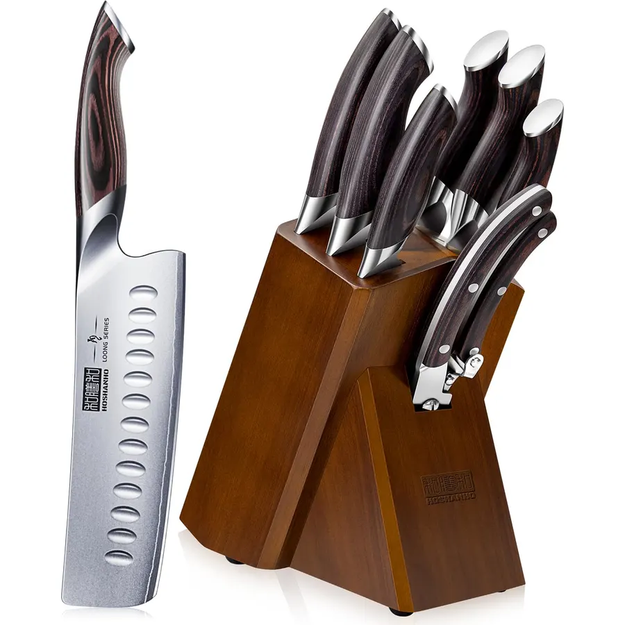 SENKEN 7-Piece Damascus Kitchen Knife Set - Tsunami Collection - 67-Layer Japanese VG10 Steel - Chef's Knife, Cleaver, Santoku, Bread, Boning, & More (Black Resin Blend)