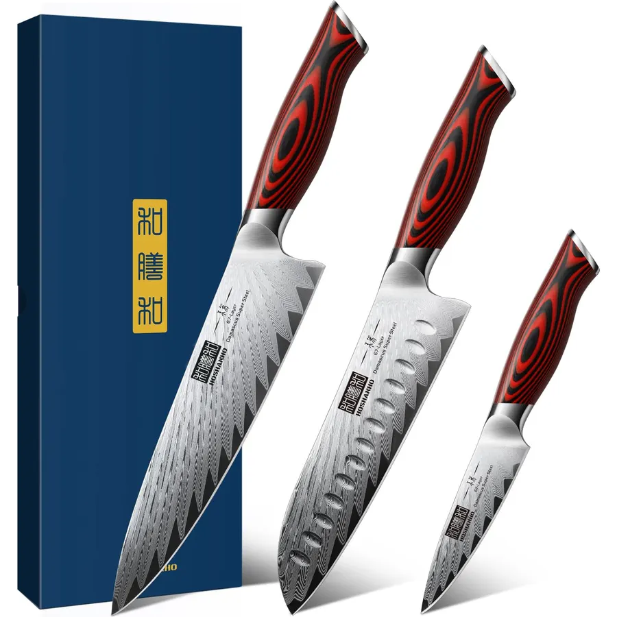HOSHANHO Damascus Knife Set, 3PCS Ultra Sharp Kitchen Knife Set, G10 Handle