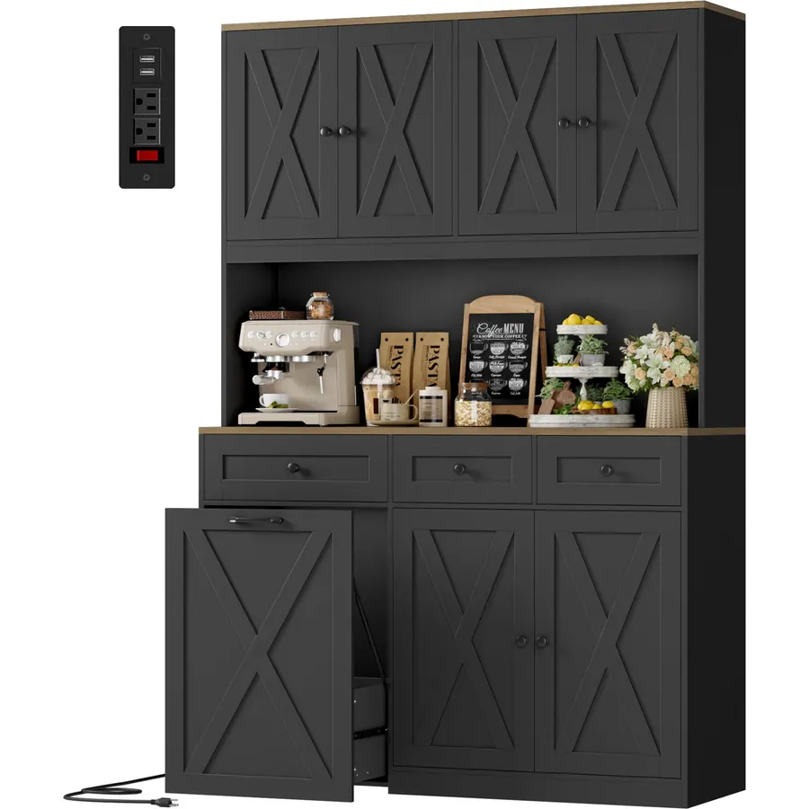 HOSTACK 71" Kitchen Pantry with 13 Gallon Pull Out Trash Can Cabinet, Black