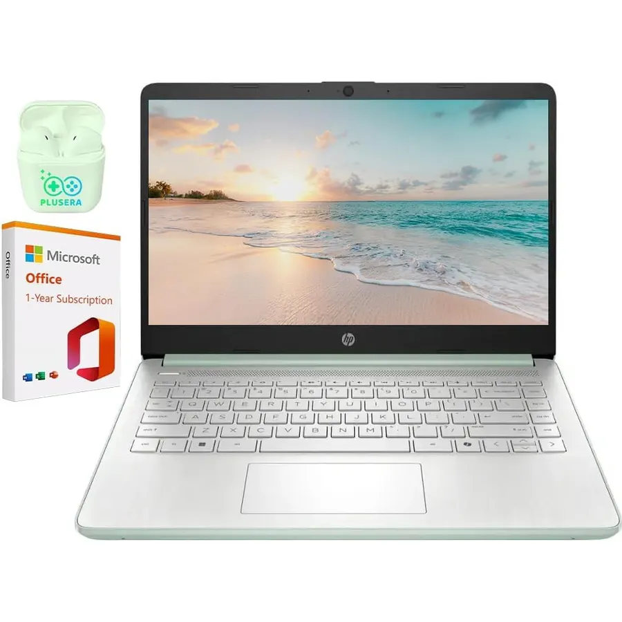 HP 14" LED Business &Student Laptop with 1-Year Office 365, 4GB RAM 640GB Storage (128GB UFS + 512GB SD Card), Intel Quad-Core N150 Processor, Windows 11 S, PLUSERA Earphones, Willow Green