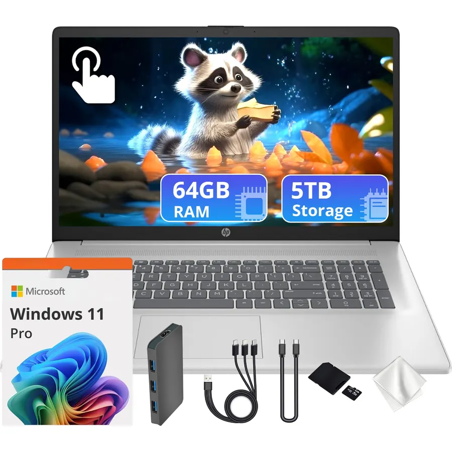 HP 17.3" HD+ Touchscreen Laptop, AMD Ryzen 5 7430U, 64GB DDR4 RAM, 5TB Storage (4TB SSD & 1TB Docking Station Set), AMD Radeon Graphics, Numeric Keypad, 720p HD Camera, Wi-Fi 6, Windows 11 Pro, Silver