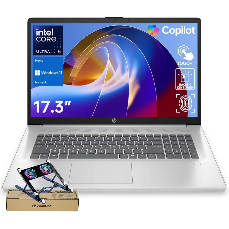 HP 17.3" Touchscreen Business Copilot AI Laptop PC, Intel Ultra 5 225U, 64GB DDR5 RAM, 2TB SSD, Wi-Fi 6, Win11 Home, Backlit Keyboard, Webcam Shutter, Fingerprint Reader, Bundle with PCO Laptop Cooler