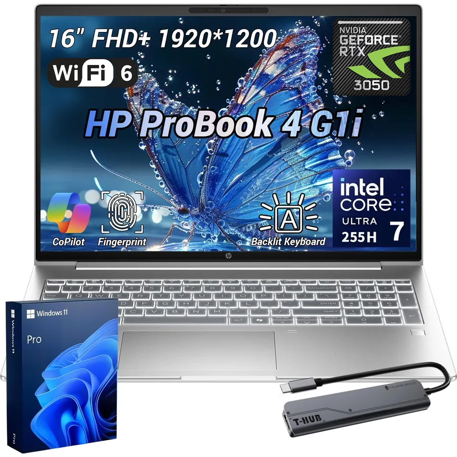 HP ProBook 4 G1i Business AI Laptop, 16" FHD+ IPS Display, Intel Core Ultra 7 255H, 32GB DDR5, 1TB, 5 MP IR Camera, Fingerprint Reader, Long Battery Life, Wi-Fi 6, Win 11 Pro, w/Bundle