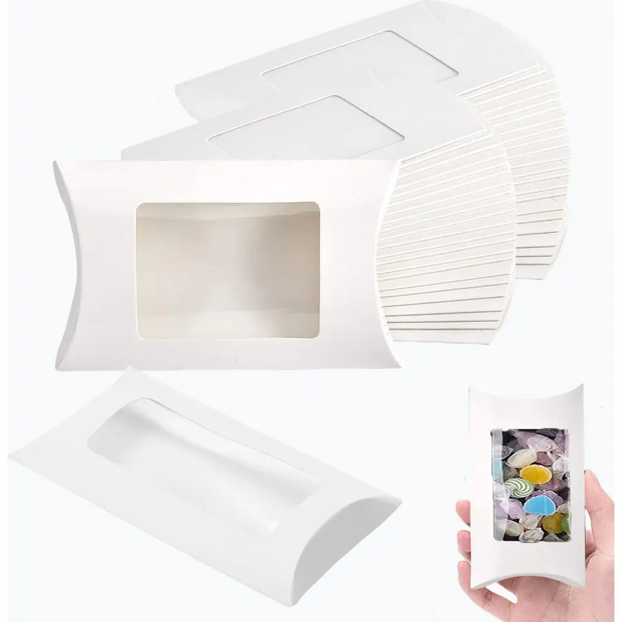 icyhey 80 Pcs White Pillow Box Packaging with Window, Folding Treat Boxes