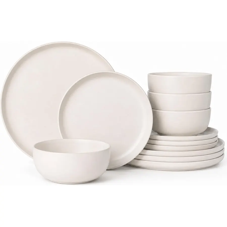 imarku 12 Pcs Stoneware Plates and Bowls Sets, Dinnerware Set for 4, White