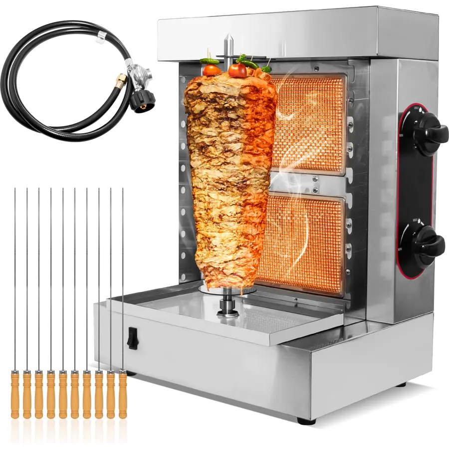 Innovative 2-Burner Shawarma Grill Machine - Professional Rotisserie for Kebabs, Gyros, & Tacos Al Pastor - Includes 10 Premium Stainless Steel Skewers