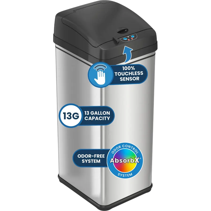 iTouchless 50L / 13 Gal. Dog-Proof Sensor Kitchen Trash Can | Odor Filter