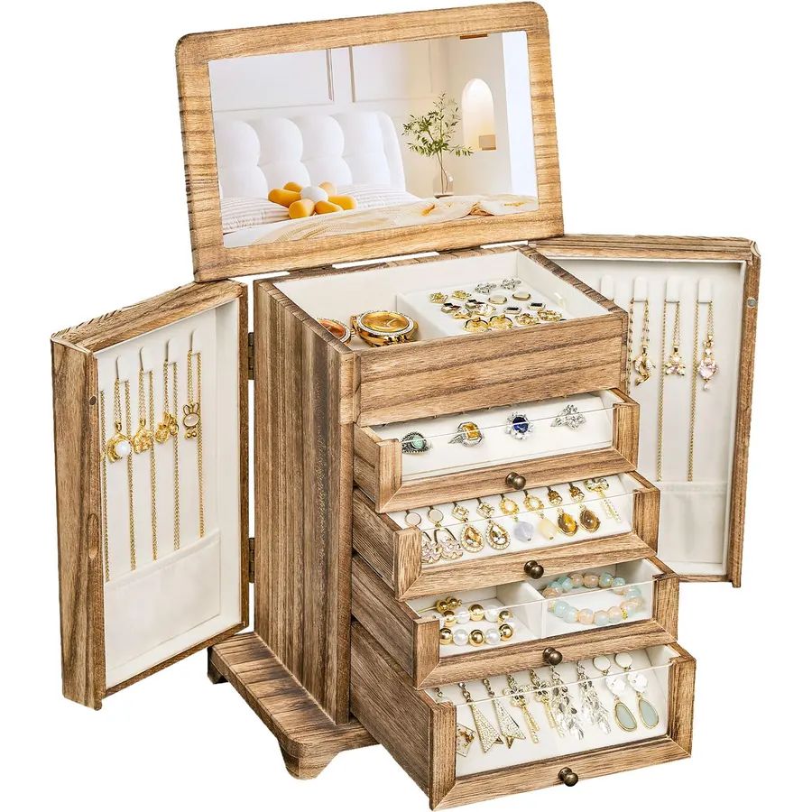 Jewelry Box for Women，Wooden Jewelry Box with 4 Clear Drawers Rustic Brown