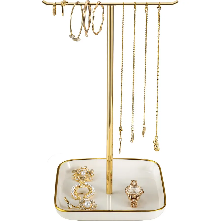 Jewelry Holder Stand with Ceramic Base: 12" Tall Necklace Organizer Rack