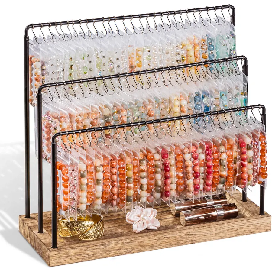 Jewelry Organizer Stand, 100 Hooks Wooden Tray & Metal Holder with Dust-Proof Bags, 3 Tier Storage Tower for Bracelets Necklaces Rings Vendors