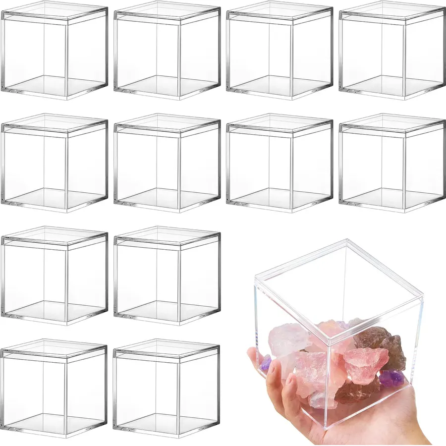 Juexica 12 Pcs Clear Acrylic Boxes with Lid,Square,4.7 x 4.7 x 4.7