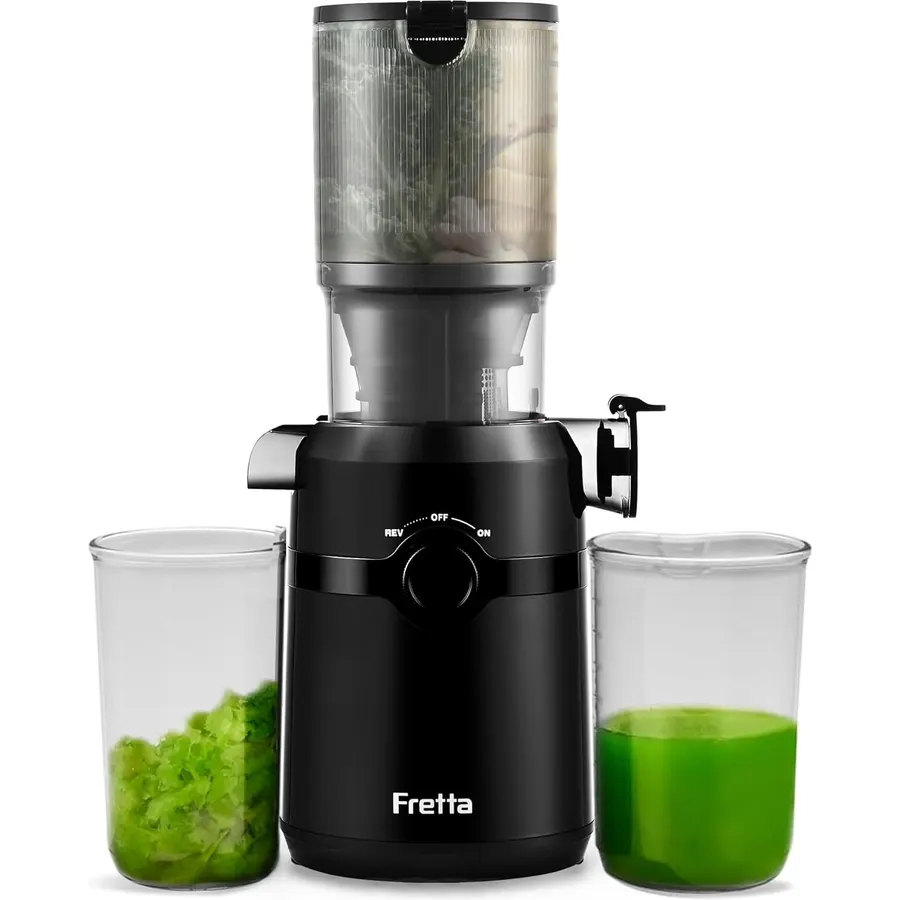 Fretta F5000 Cold Press Juicer with Wide Mouth Feed Chute, Compact, Black