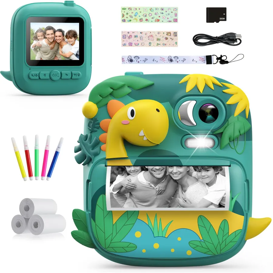 Kids Instant Print Camera, 1080P HD Video & 2.4" Screen Toy Camera | Includes 32GB Card & Print Paper, Inkless Print, 16X Zoom, Christmas Birthday Dinosaur Gifts for Boys Girls Age 3-12