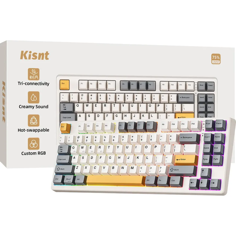 Kisnt KN85 Wireless Mechanical Keyboard, 75% Layout, Bluetooth/2.4GHz/USB-C, Custom RGB Backlit, Hot-Swappable Linear Switch, Creamy Sound for Gaming/Typing (Retro Beige)
