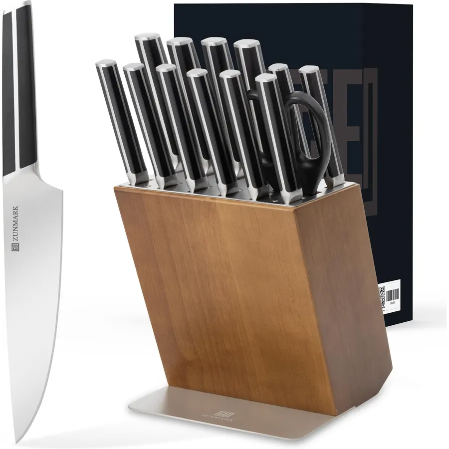 Kitchen Knife Set, 14 PCS Knife Sets for Kitchen with Block, X50CrMoV15 High Carbon German Steel Knife Set with 6X Serrated Steak Knife, Heavy