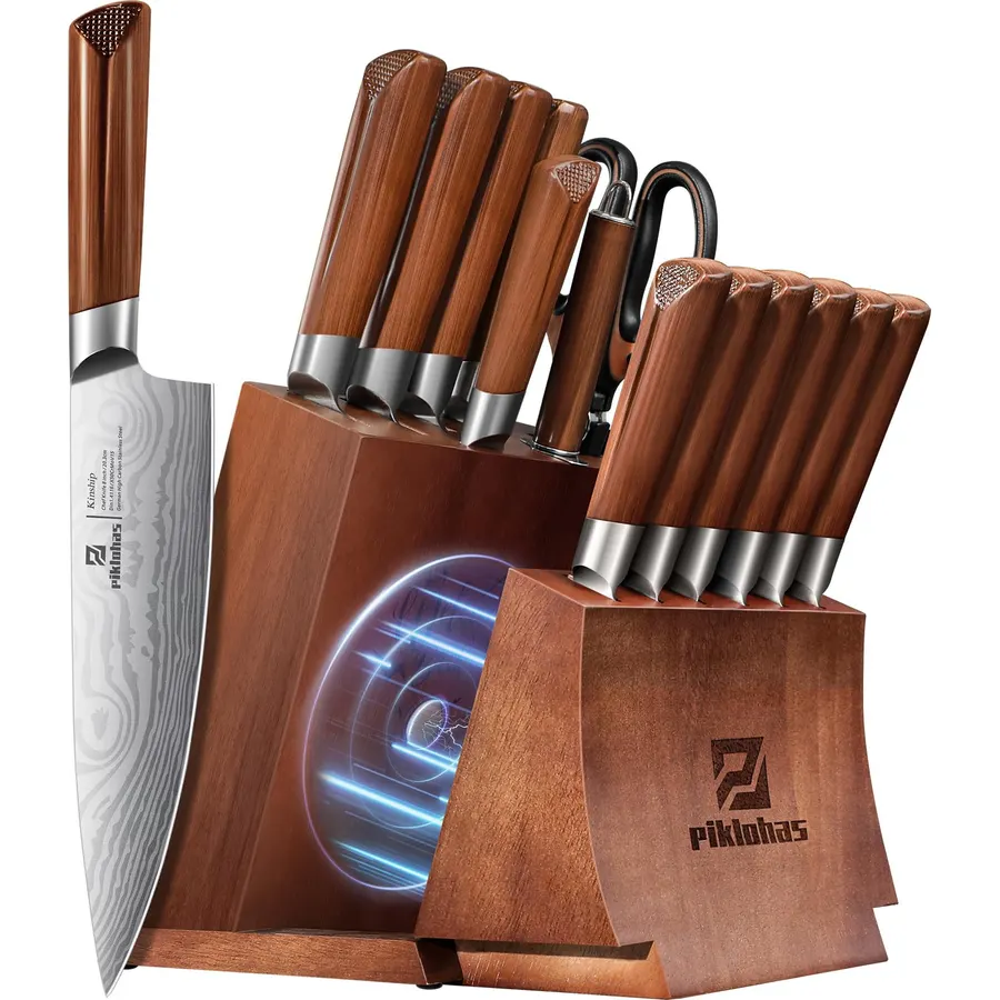 15 Pieces Kitchen Knife Set with Block, Black+16.5 Inch Magnetic Knife Holder for Refrigerator