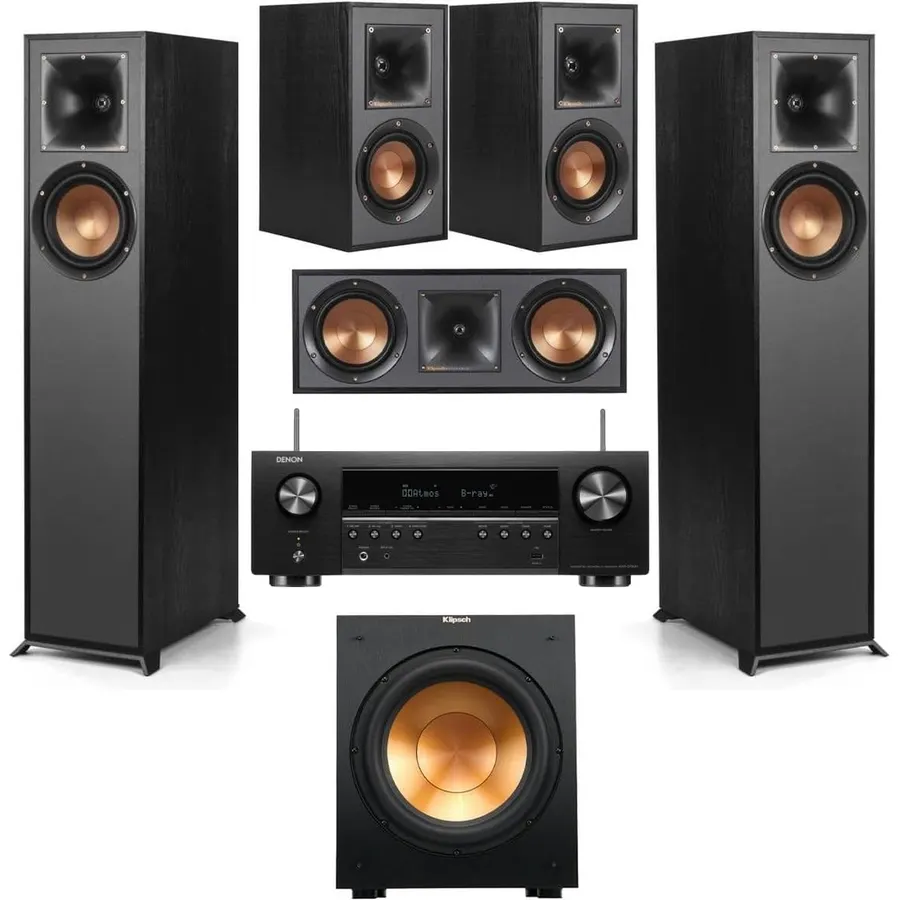 Klipsch Reference 5.1 Home Theater Speaker Bundle with R-610F Floorstanding Speakers, R-52C Center, R-12SW Subwoofer, R-41M Bookshelf Speakers and Denon AVR-S670H 8K Receiver