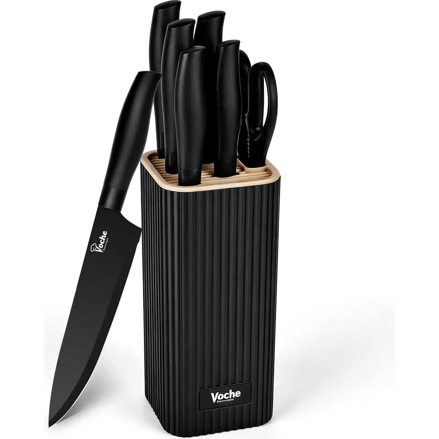 Knife Set, Kitchen Knife Set with Block, 7 Pcs Compact Knife Set, Knife Block Set Space Saving Stainless Steel Kitchen Knives with Scissors for Small Kitchens, Apartment & Everyday Cooking