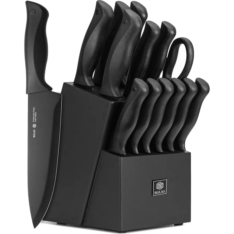 Knife Set, 15-Piece with Block, Self-Sharpening, Dishwasher Safe Kitchen Knife Set & Anti-Slip Handles (Black)