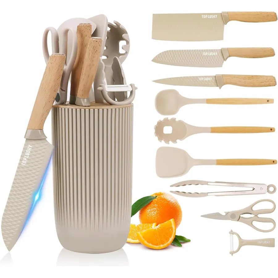 Knife Set, 10 Pieces Professional Kitchen Knife Set with Universal Knife Block, Non-stick Heat Resistan Kitchen Tools and Gadgets with Wooden Handle (Khaki)