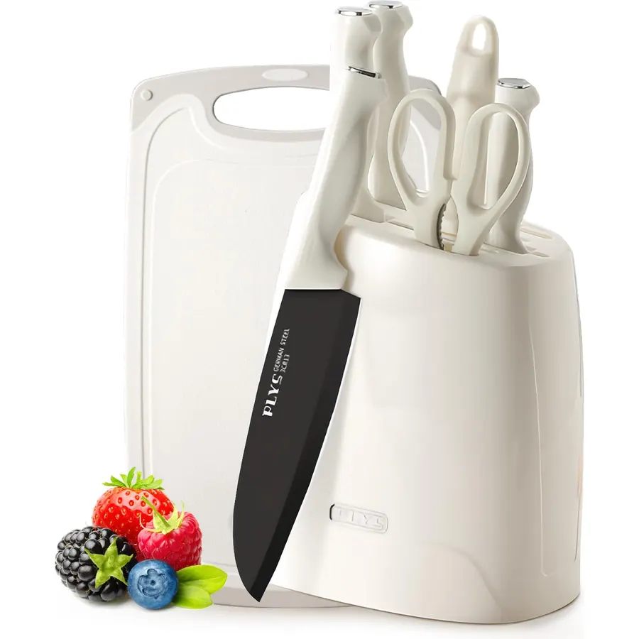 Knife Set, 8 Pieces Knife Block Set for Kitchen, Stainless Steel Kitchen Knives with Sharpener and Cutting Board, Anti-stick & Non-slip Chef Knife Set, Ergonomical Design (White)