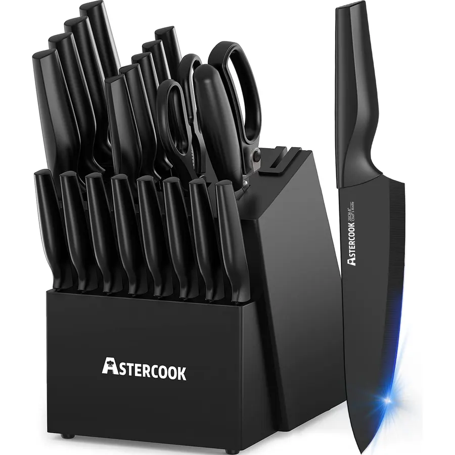 Knife Set, Astercook 21 Pieces Knife Sets for Kitchen with Block, Dishwasher Safe Kitchen Knife Set with Built-in Sharpener, German Stainless Steel Black Knife Block Set, Fathers Day Gift for Men