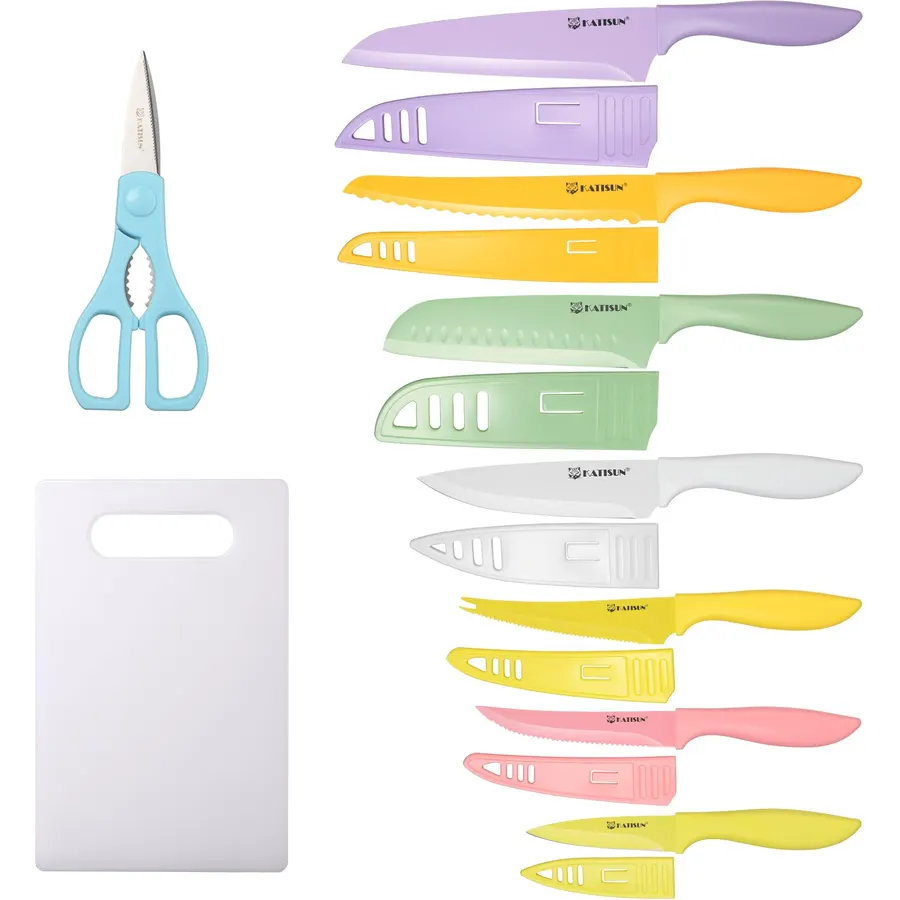 Knife Set with Kitchen Cutting Board，16 Piece Colour Coding Stainless Steel Boxed Knives Set with Kitchen Shears，14 Knives with 14 Blade Covers，Anti-Rust and Dishwasher Safe