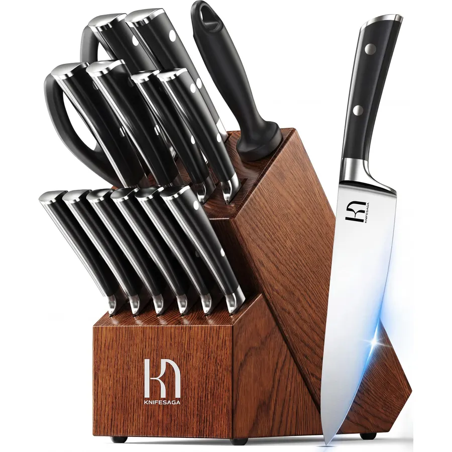 KnifeSaga 15-Pc Knife Block Set with Sharpener, Full-Tang, Razor-Sharp